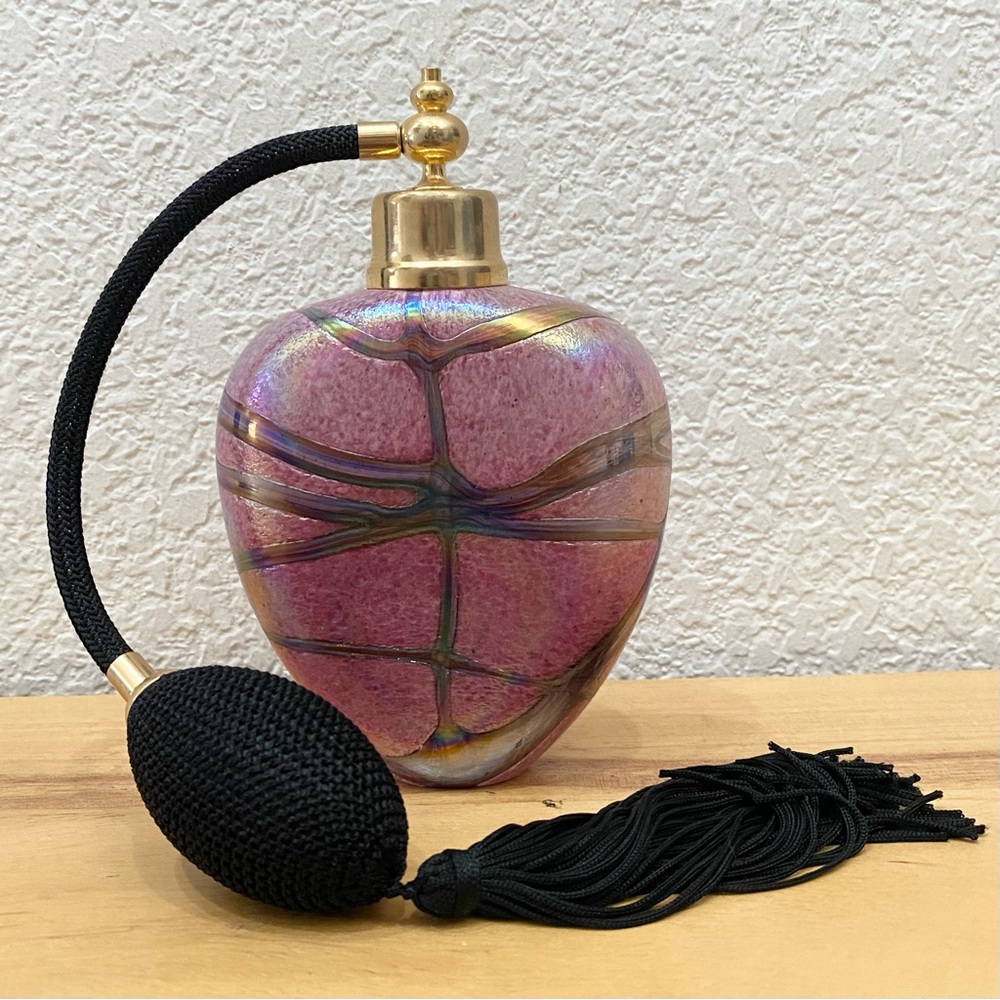 Vintage Iridescent Art Glass Perfume Bottle with Bulb Tassel Atomizer Sprayer
